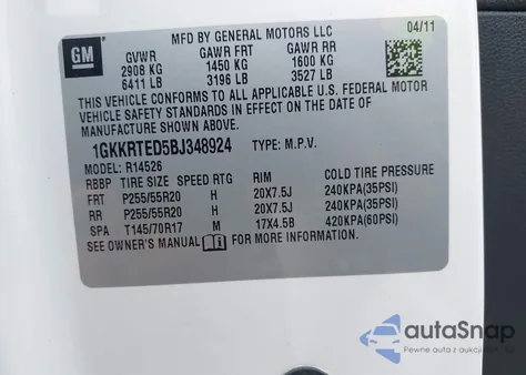 2011 GMC Acadia Denali z USA, uszkodzony, nr VIN 1GKKRTED5BJ348924